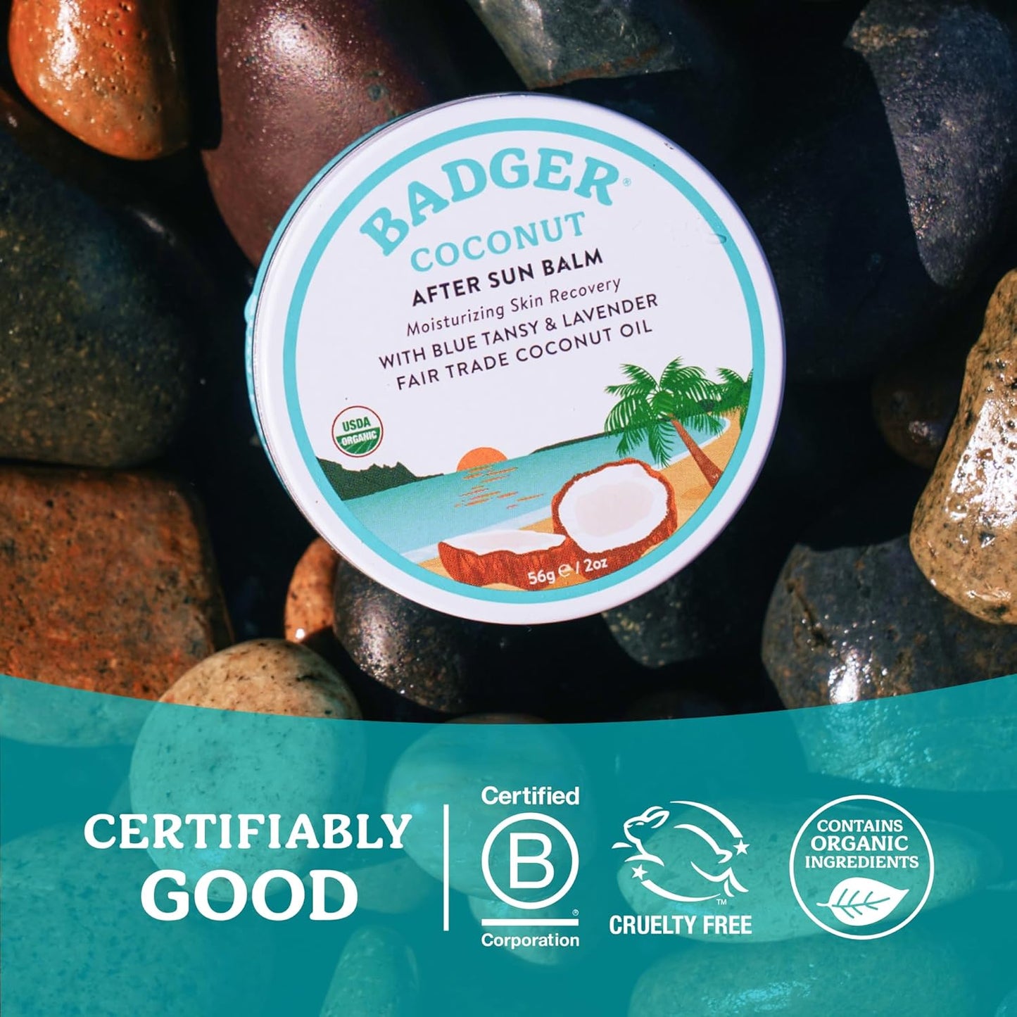 Coconut Aftersun Balm, 100% Organic Soothing Sunburn Relief, Great Smelling, Moisturizing & Hydrating after Sun Skin Care, 2 Oz Tin