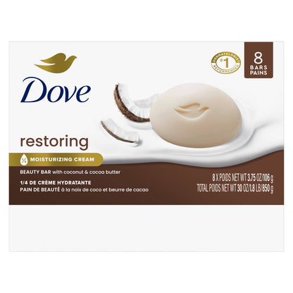 Beauty Bar Soap for Restored Skin, Restoring Coconut & Cocoa Butter, Nourishes Skin, 3.75 Oz 8 Bars