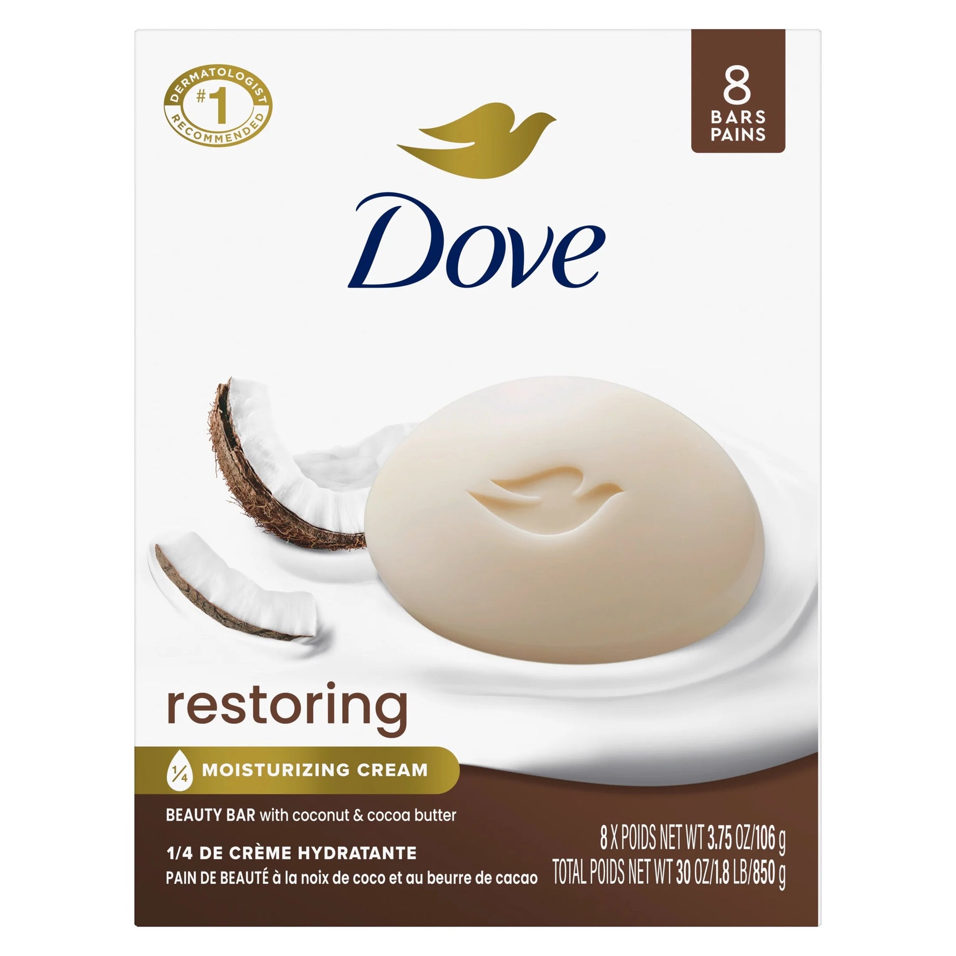 Beauty Bar Soap for Restored Skin, Restoring Coconut & Cocoa Butter, Nourishes Skin, 3.75 Oz 8 Bars