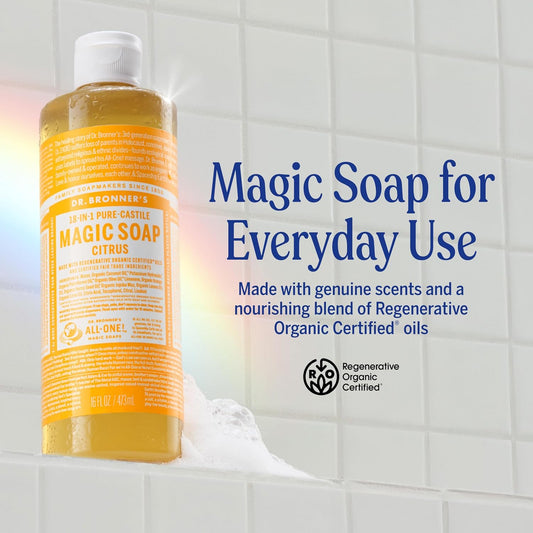Magic Soap-Pure-Castile Liquid Soap (Citrus, 32Oz, 2-Pack)-Regenerative Organic Certified Oils, 18-In-1 Uses: Body, Hair, Laundry, Pets & Dishes, Concentrated, Vegan, Non-Gmo
