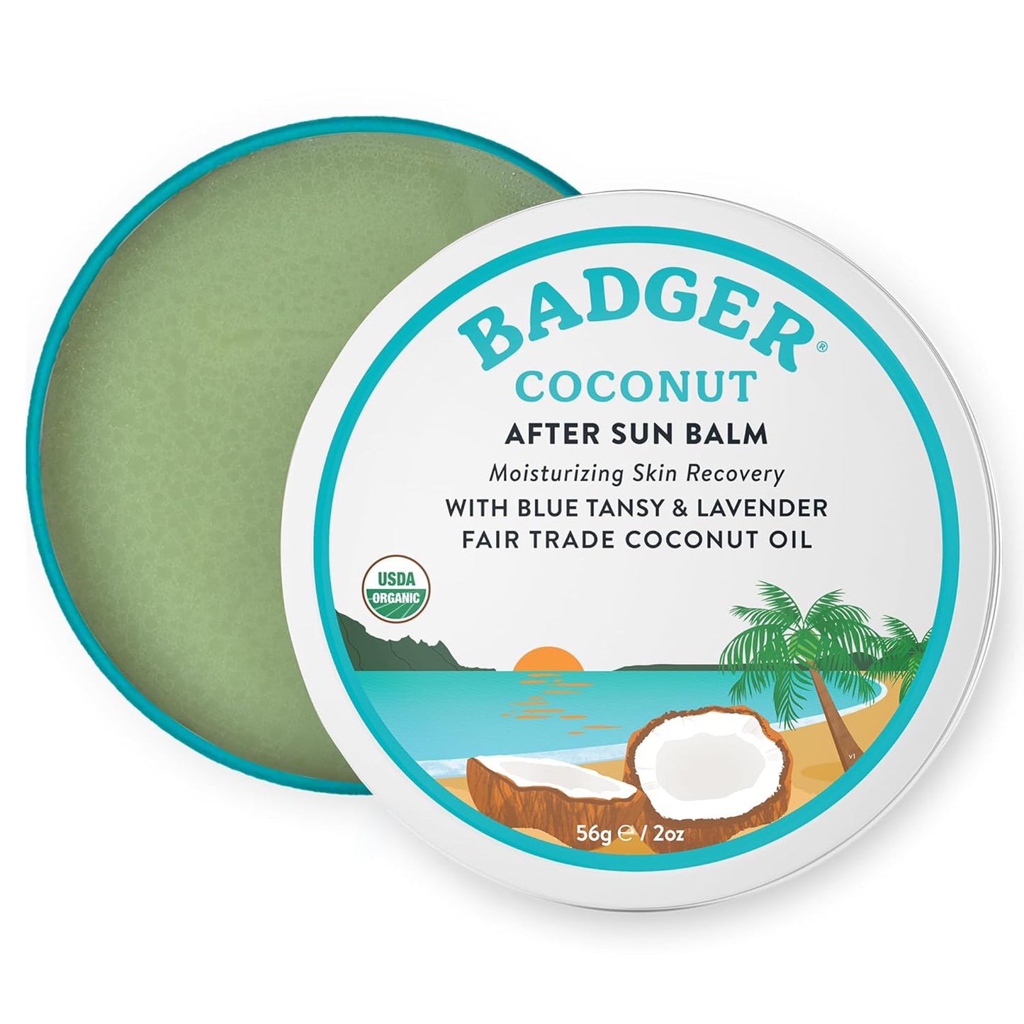 Coconut Aftersun Balm, 100% Organic Soothing Sunburn Relief, Great Smelling, Moisturizing & Hydrating after Sun Skin Care, 2 Oz Tin