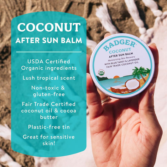 Coconut Aftersun Balm, 100% Organic Soothing Sunburn Relief, Great Smelling, Moisturizing & Hydrating after Sun Skin Care, 2 Oz Tin