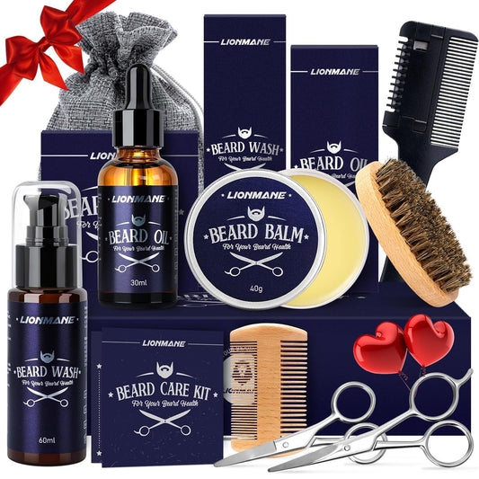 Beard Care Gifts Kit for Men - Beard Mustache Grooming Kit | Beard Balm, Beard Wash, Beard Oil, Brush, Scissors - Birthday Anniversary Gifts for Husband/Boyfriend/Dad/Him