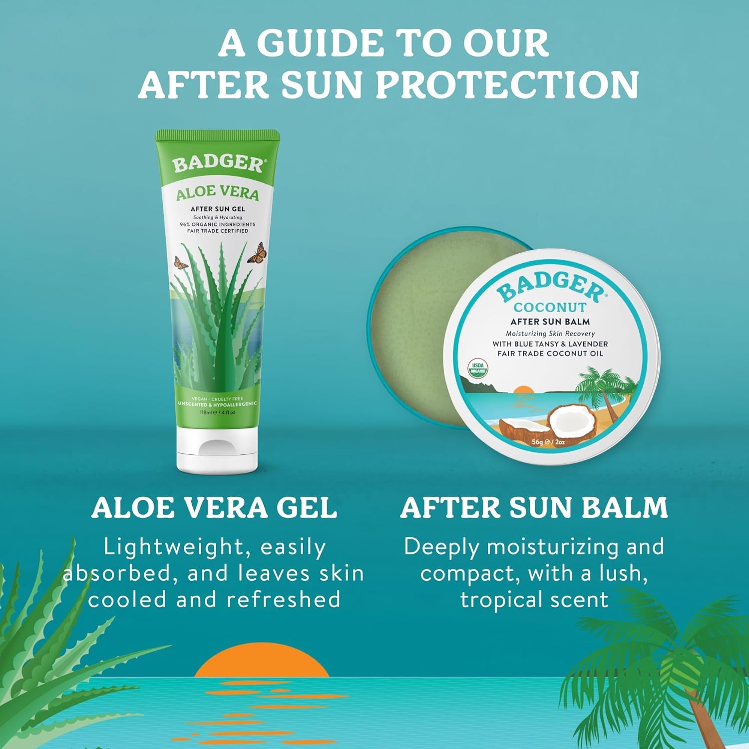 Coconut Aftersun Balm, 100% Organic Soothing Sunburn Relief, Great Smelling, Moisturizing & Hydrating after Sun Skin Care, 2 Oz Tin