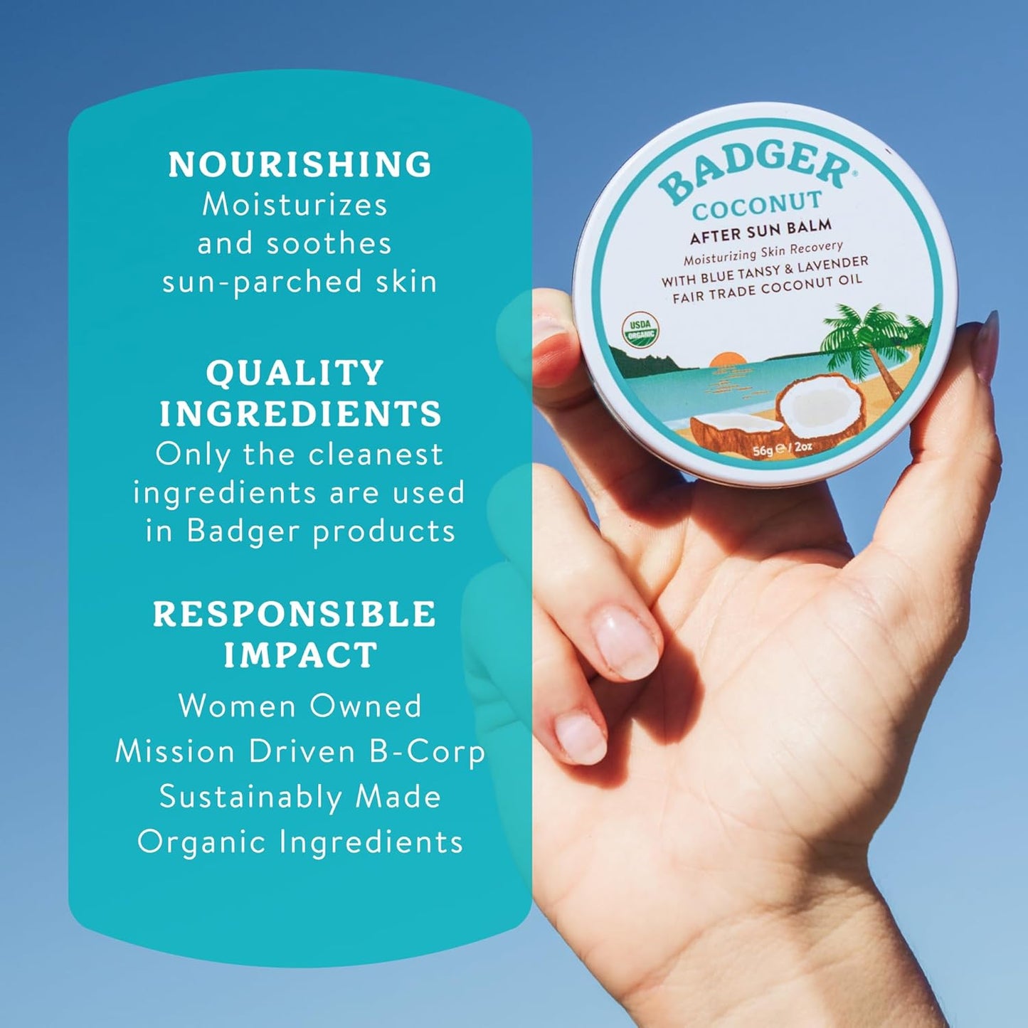 Coconut Aftersun Balm, 100% Organic Soothing Sunburn Relief, Great Smelling, Moisturizing & Hydrating after Sun Skin Care, 2 Oz Tin